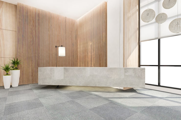 Warm timber and stone executive reception