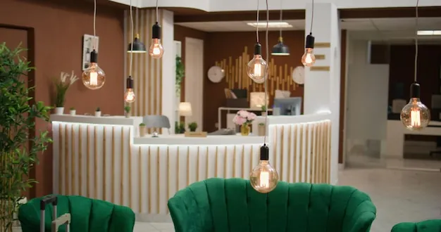 Refined reception lobby with warm upholstered seating