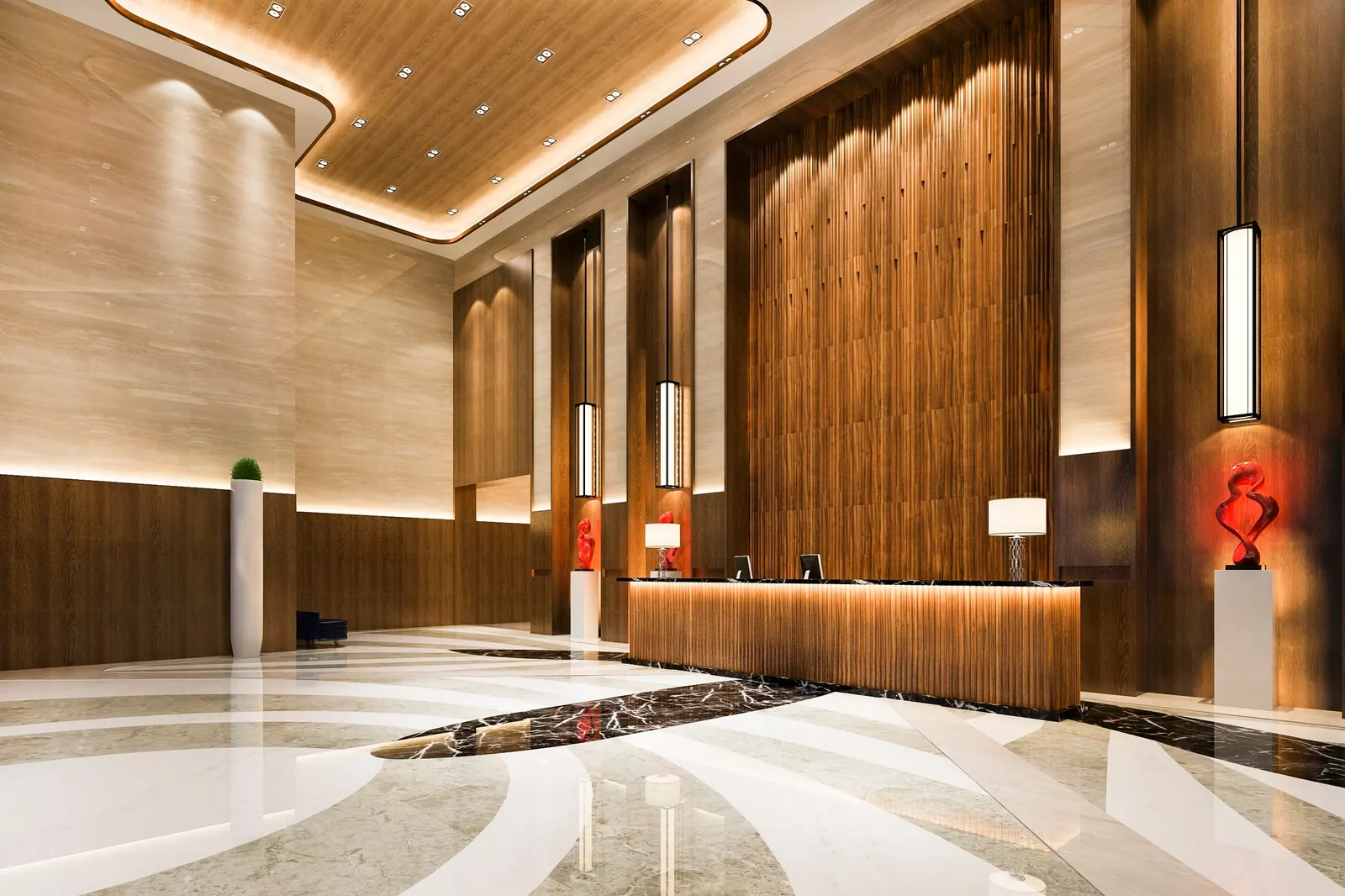 Refined reception interior with warm timber and marble